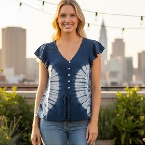 Chaser Blue Tie Dye Blouse Top Tie Waist XS